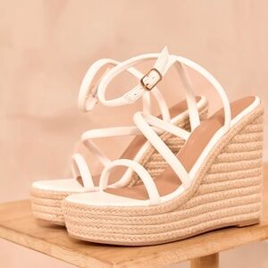 Pretty little things white round toe asymmetric strap platform espadrille wedges